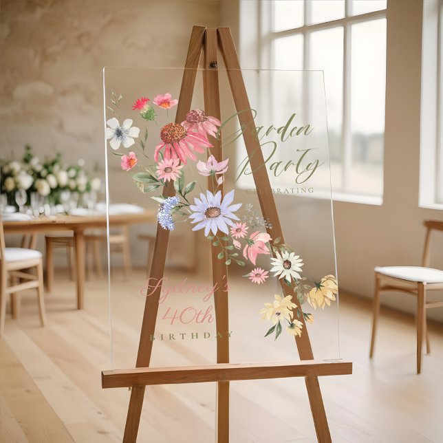 Garden Party Watercolor Wildflower Floral Birthday Acrylic Sign (Garden Party Watercolor Wildflower Floral Birthday Acrylic Sign)
