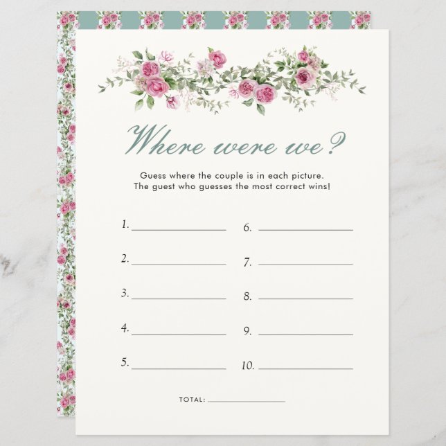 Garden Party Where Were We Bridal Shower Game (Front/Back)