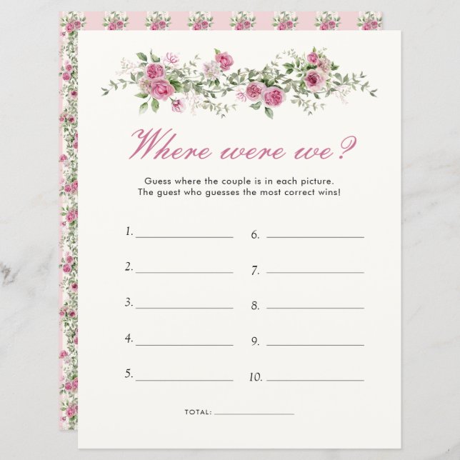 Garden Party Where Were We Pink Bridal Shower Game (Front/Back)