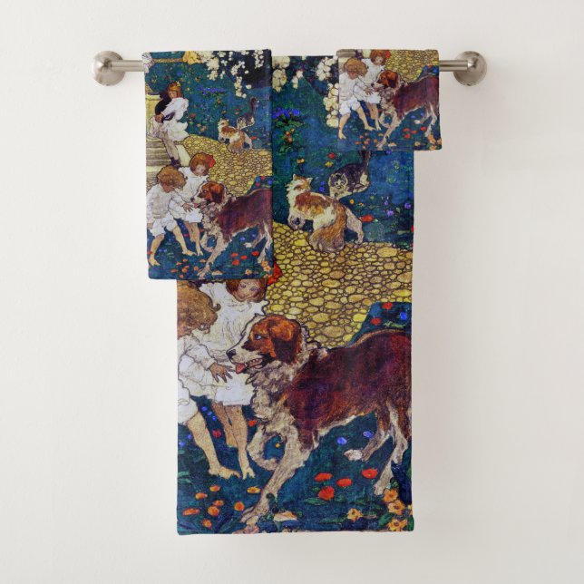 Garden Party with Dog & Cat, Jessie Willcox Smith Bath Towel Set (Insitu)