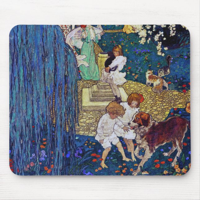 Garden Party with Dog & Cat, Jessie Willcox Smith Mouse Mat (Front)