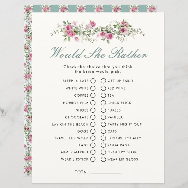 Garden Party Would She Rather Bridal Shower Game (Front/Back)