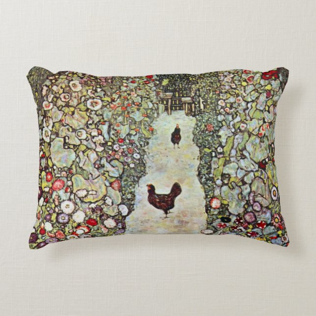 Garden Path w Chickens, Gustav Klimt, Art Nouveau Decorative Cushion (Front)