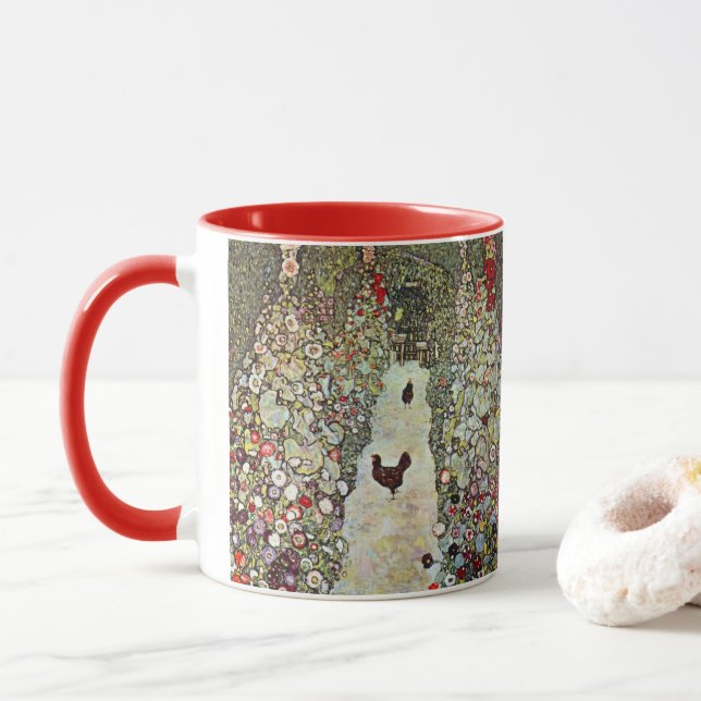 Garden Path w Chickens, Gustav Klimt, Art Nouveau Mug (With Donut)