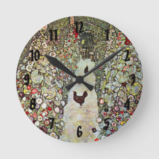 Garden Path w Chickens, Gustav Klimt, Art Nouveau Round Clock