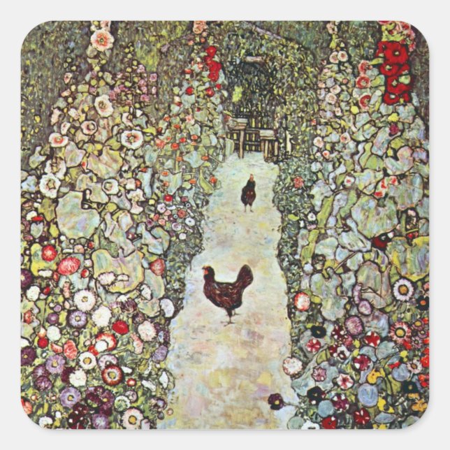 Garden Path w Chickens, Gustav Klimt, Art Nouveau Square Sticker (Front)