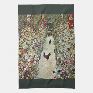 Garden Path w Chickens, Gustav Klimt, Art Nouveau Tea Towel