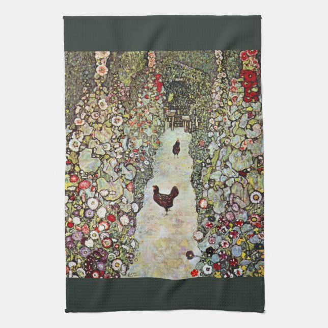 Garden Path w Chickens, Gustav Klimt, Art Nouveau Tea Towel (Vertical)