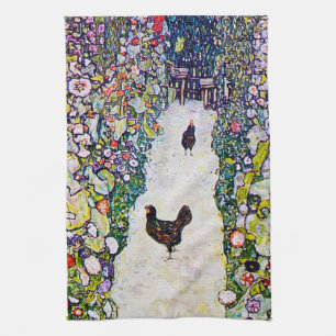 Garden Path with Chickens, Gustav Klimt Tea Towel