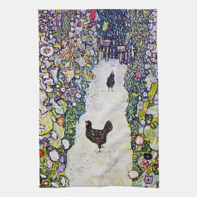 Garden Path with Chickens, Gustav Klimt Tea Towel (Vertical)