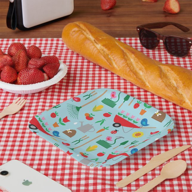 Garden Pattern Spring Flowers and Gardening Tools Paper Plate (Creator Uploaded)
