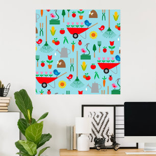 Garden Pattern Spring Flowers and Gardening Tools Poster