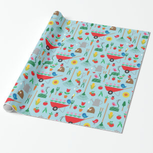 Garden Pattern Spring Flowers and Gardening Tools Wrapping Paper