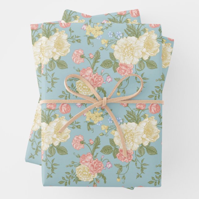 Garden Peony Floral Pattern Wrapping Paper Sheet (In situ)