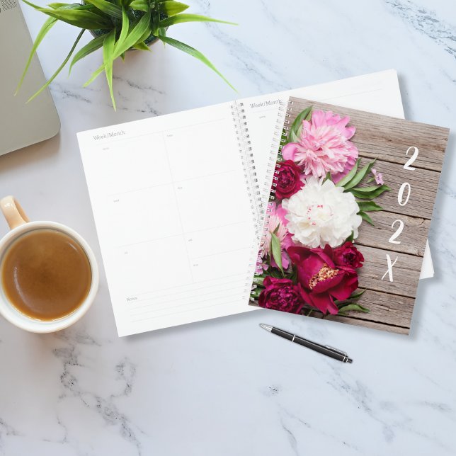Garden Peony Flowers On Rustic Wood Planner (Creator Uploaded)