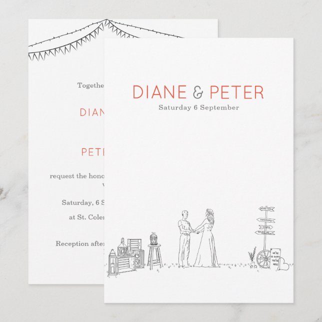 Garden Picnic Minimalist Black and White Wedding  Invitation (Front/Back)