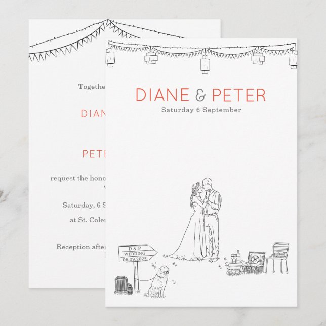 Garden Picnic Minimalist Black and White Wedding Invitation (Front/Back)