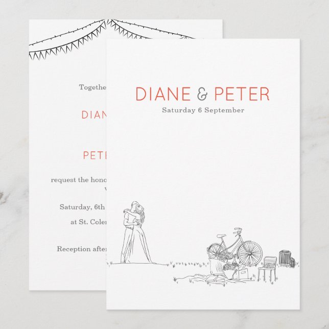 Garden Picnic Minimalist Black and White Wedding  Invitation (Front/Back)