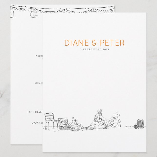 Garden Picnic Minimalist Black and White Wedding Menu (Front/Back)