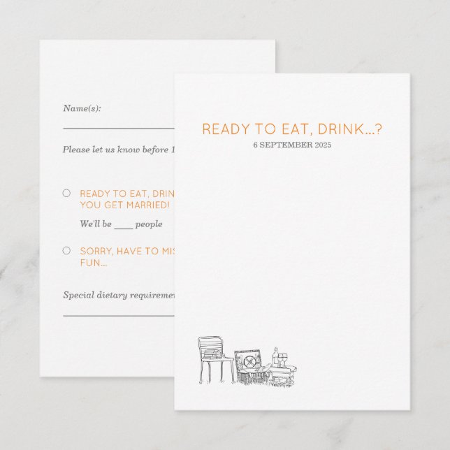 Garden Picnic Minimalist Black and White Wedding RSVP Card (Front/Back)