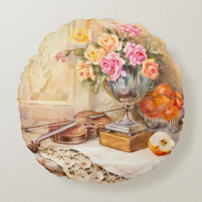 Garden Pink and Peach Roses, Apples and a Violin Round Cushion (Front)