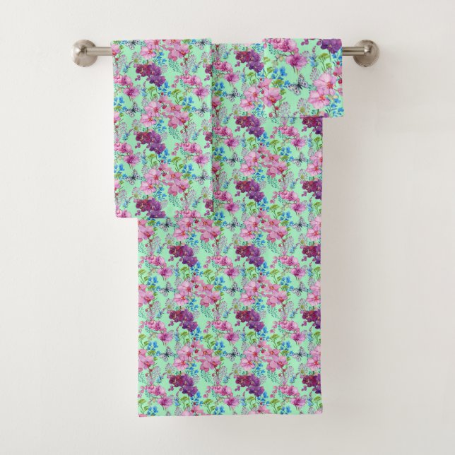 Garden Pink and Purple Orchids Bath Towel Set (Insitu)