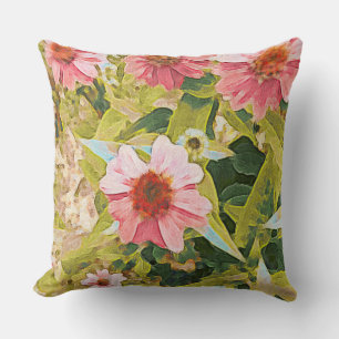 Garden Pink Coneflowers Green Leaves Original Art Cushion