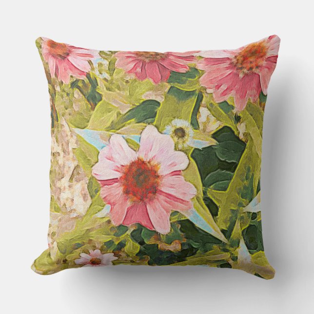 Garden Pink Coneflowers Green Leaves Original Art Cushion (Front)