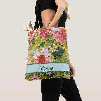 Garden Pink Coneflowers Leaves Name Personalised Tote Bag