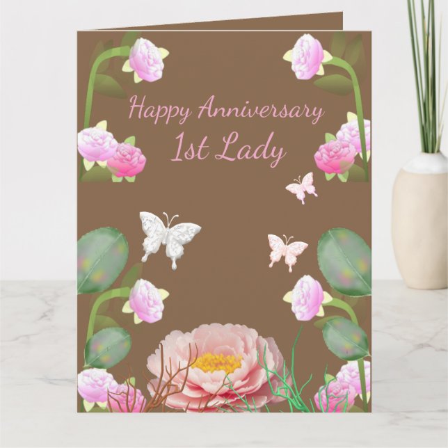 Garden Pink Floral Butterfly 1st Lady Anniversary Card (Front)