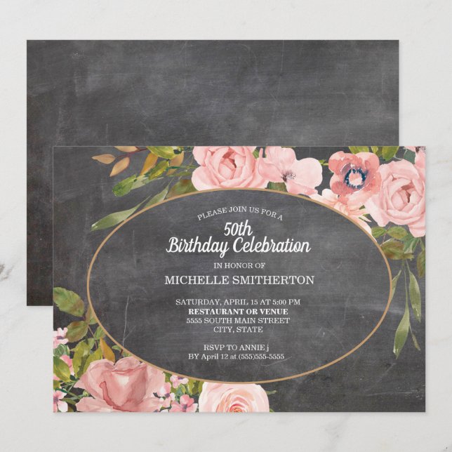 Garden Pink Floral Chalkboard 50th Birthday Invitation (Front/Back)
