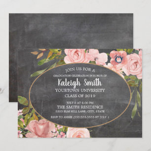 Garden Pink Floral Chalkboard Grad Party Invitation