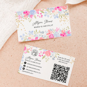 Garden pink Floral gold makeup hair logo qr code Business Card