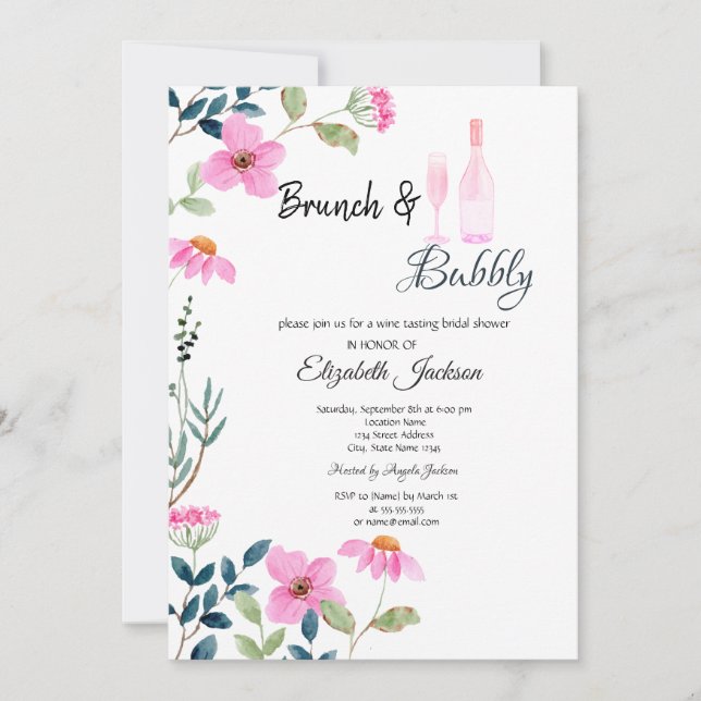 Garden Pink Flowers Brunch & Bubbly  Invitation (Front)