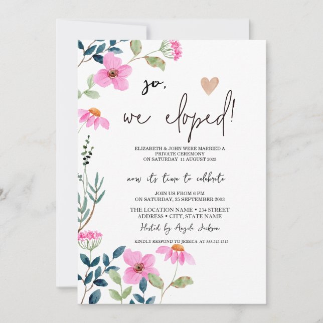 Garden Pink Flowers Elopement   Invitation (Front)