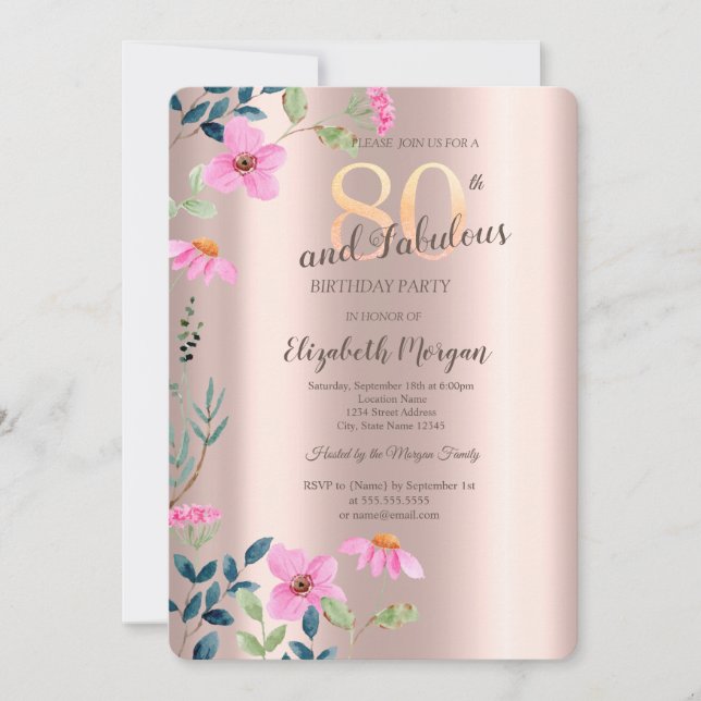 Garden Pink Flowers Rose Gold 80th Birthday Invitation (Front)
