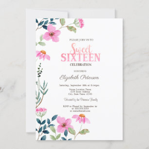 Garden Pink Flowers Sweet 16 Invitation