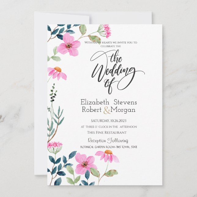 Garden Pink Flowers Wedding Invitation (Front)