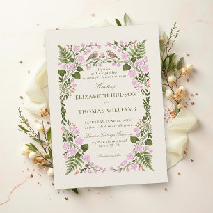 Garden Pink Green Floral Elegant Whimsical Wedding Invitation