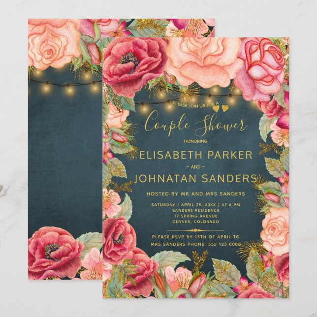 Garden pink navy gold lights couple shower invitation (Front/Back)