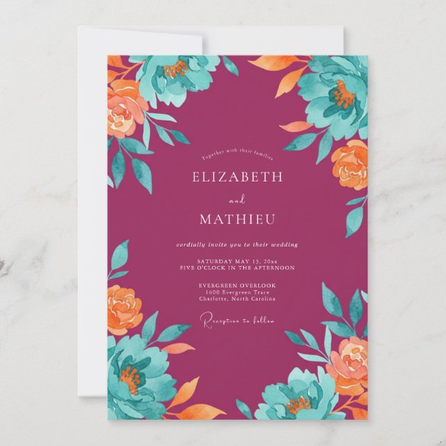 Garden Plum Turquoise Painted Wedding Invitation (Front)