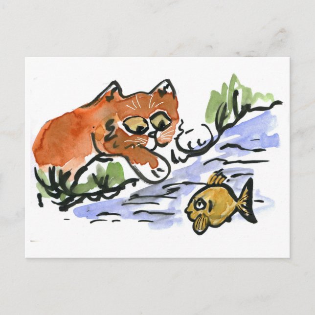 Garden Pond and Curious Kitten Postcard (Front)
