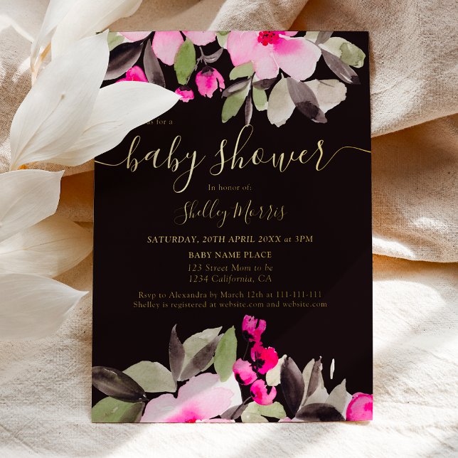 Garden pretty pink floral watercolor baby shower (Garden pretty rea gold foil pink floral watercolor baby shower invitation)