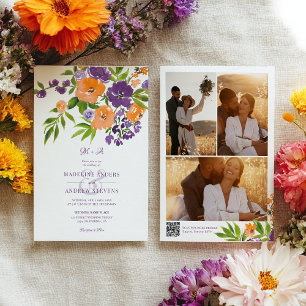 Garden Purple Orange Floral photos Qr code wedding Invitation
