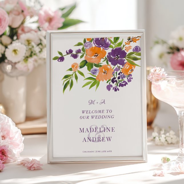 Garden Purple Orange Floral wedding Welcome Poster (Garden Purple Orange Floral wedding Welcome Poster)
