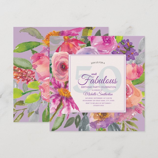 Garden Purple Pink Floral 50 and Fabulous Invitation (Front/Back)