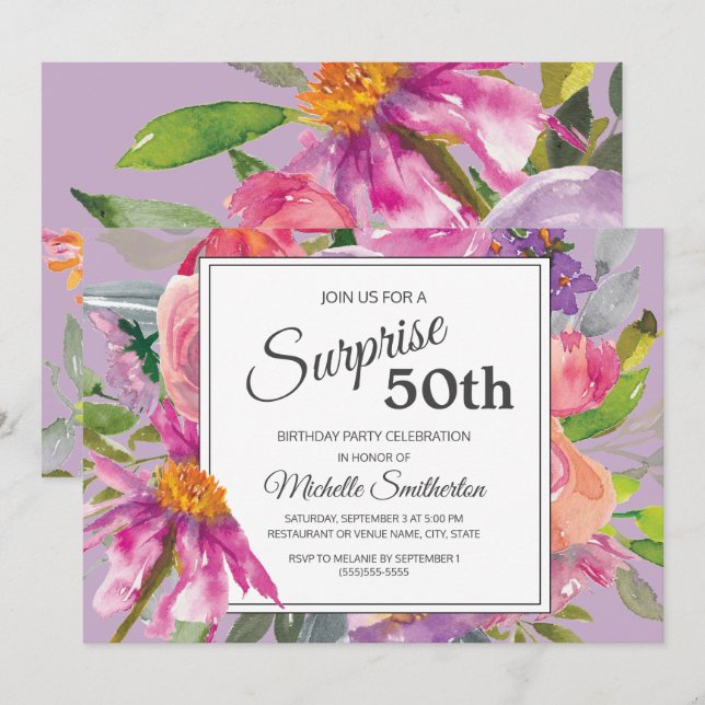 Garden Purple Pink Floral 50th Birthday Party Invitation (Front/Back)
