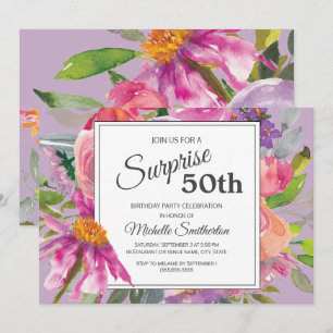 Garden Purple Pink Floral 50th Birthday Party Invitation