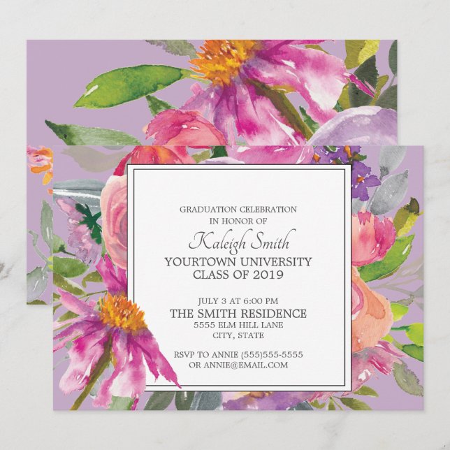 Garden Purple Pink Floral Grad Party Invitation (Front/Back)