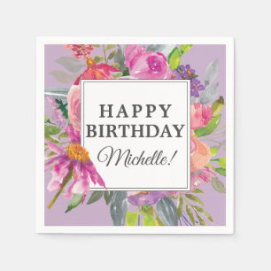 Garden Purple Pink Floral Happy Birthday Party Napkin